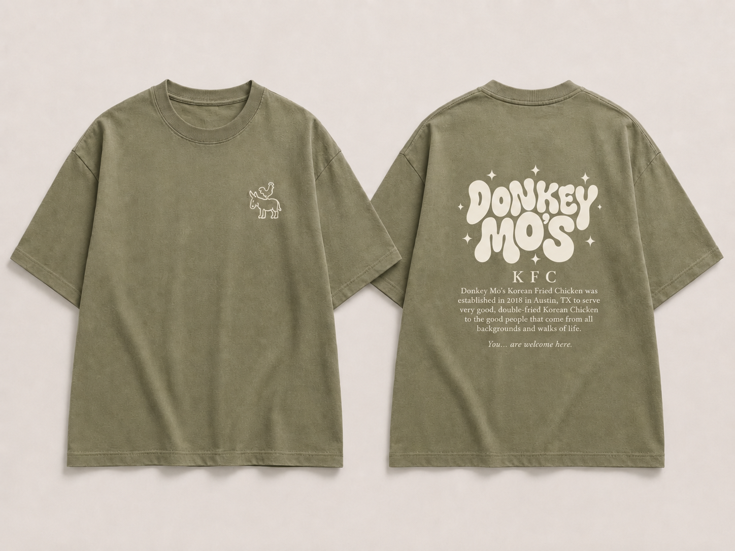 Donkey Mo's olive green merch tee, front and back